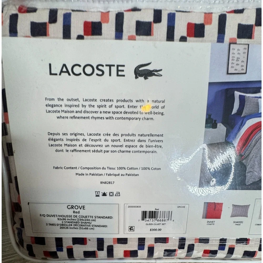 Lacoste Home Grove Red Duvet Cover Set Full / Queen Cotton Blue W Shams 92x96